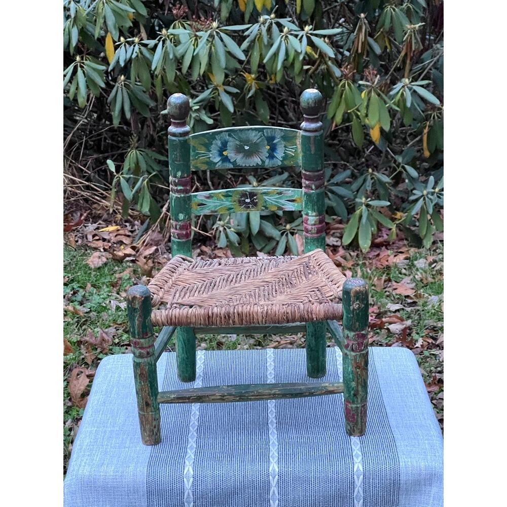 Primitive Antique Wooden Doll or Child's Chair, Hand-Painted Folk Art 17″ tall